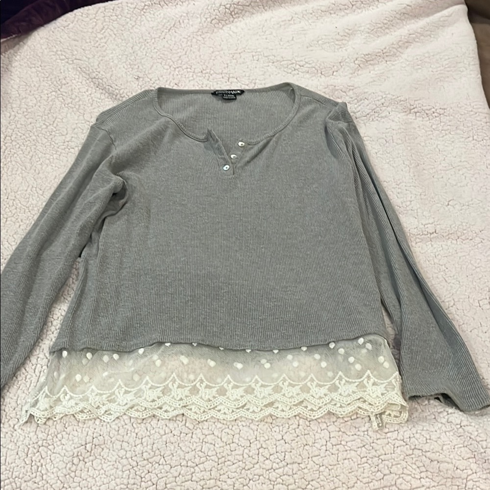 Gray Long Sleeve Top with Lace Trim